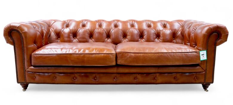 Vintage Chesterfield Leather Sofa – Genuine Hand-Tufted Tan Leather – Classic Elegance