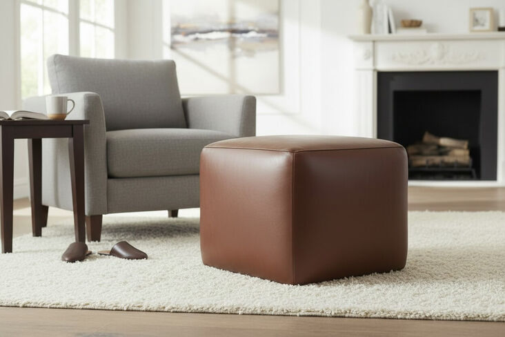 Vintage Chocolate Brown Leather Footstool Pouffe Footrest / Accent Seat