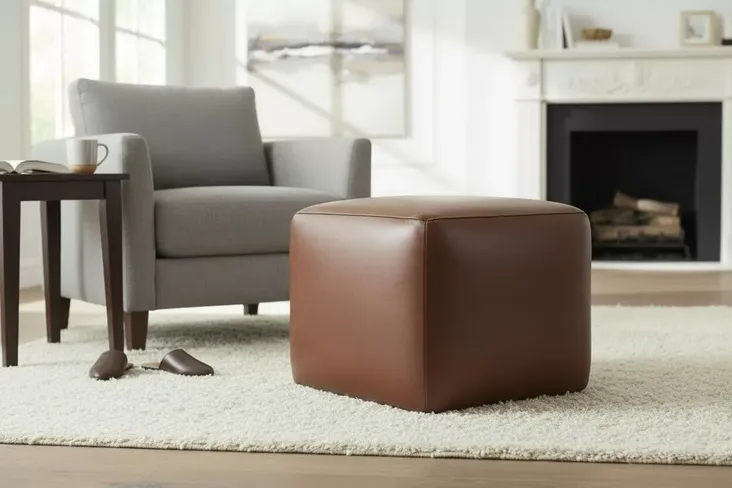 Vintage Chocolate Brown Leather Footstool Pouffe Footrest / Accent Seat