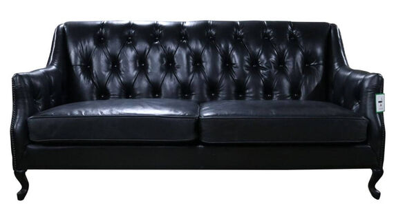 Vintage Distressed Black Leather Button & Stud 3 Seater Sofa