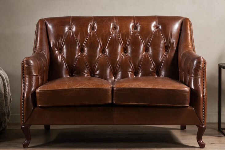 Vintage Distressed Leather Button & Stud 2 Seater Sofa