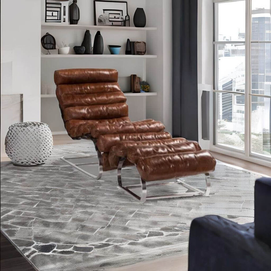 Vintage Distressed Leather Chaise Lounge With Footstool