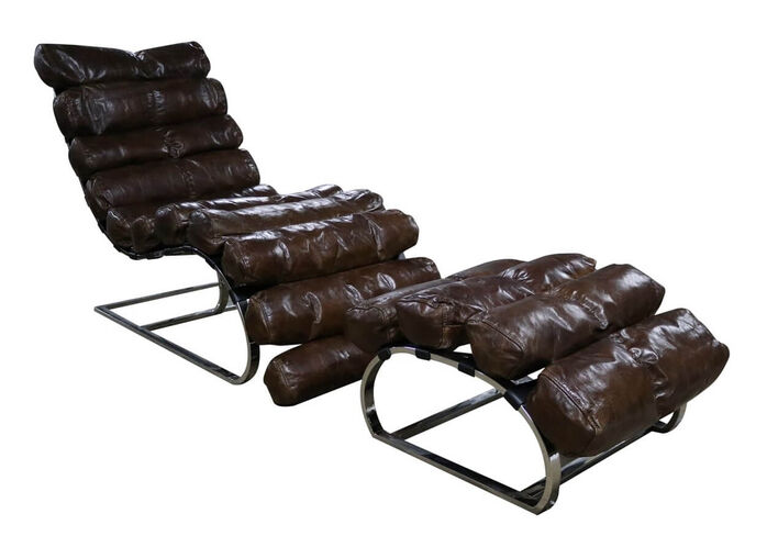 Vintage Brown Distressed Leather Chaise Lounge With Footstool