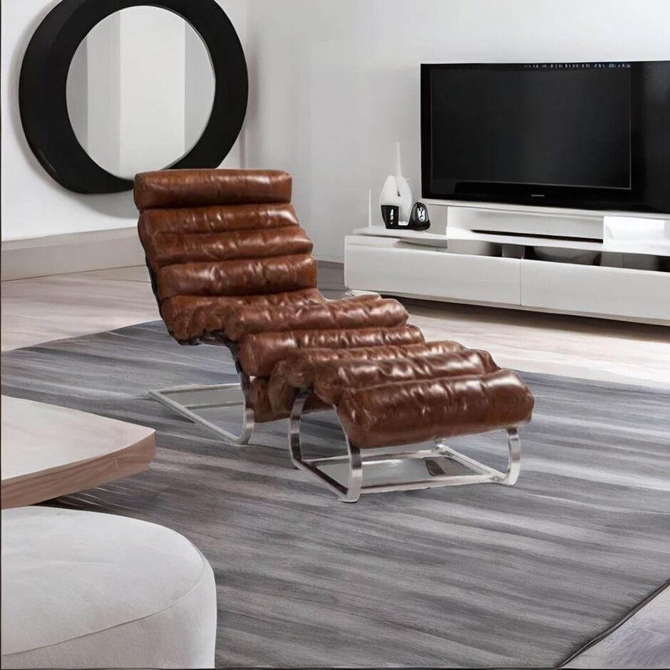 Vintage Distressed Leather Chaise Lounge With Footstool2