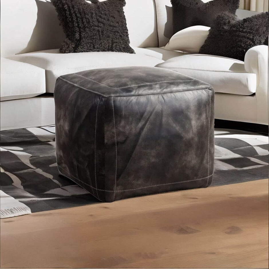 Vintage Distressed Leather Footstool Pouffe Wash Black