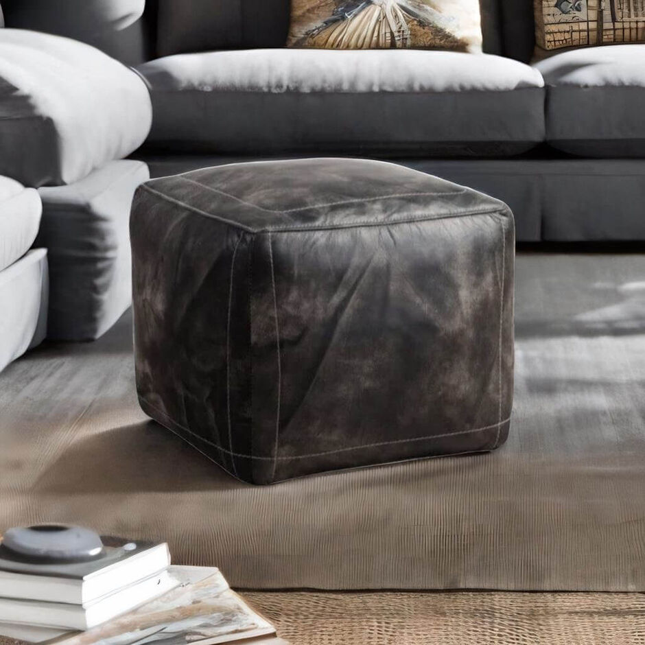 Vintage Distressed Leather Footstool Pouffe Wash Black2