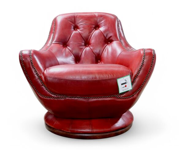 Vintage Distressed Leather Rouge Red Chesterfield Buttoned Swivel Armchair
