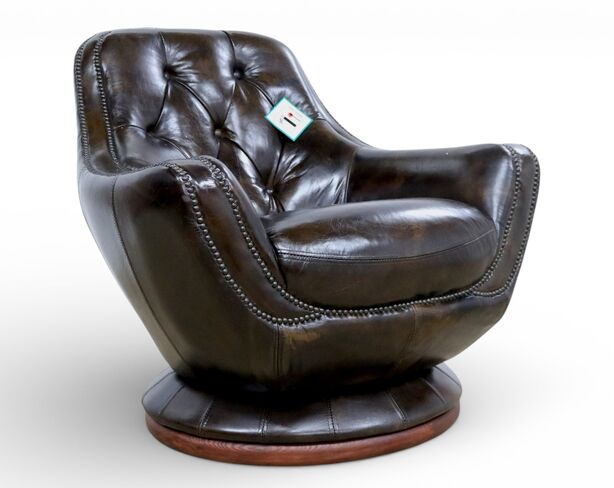 Vintage Distressed Leather Tobacco Brown Chesterfield Buttoned Swivel Armchair