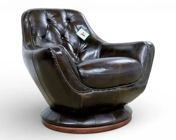 Vintage Distressed Leather Tobacco Brown Chesterfield Buttoned Swivel Armchair