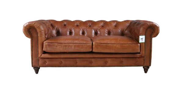 Vintage Distressed Tan Leather Chesterfield 2 Seater Sofa