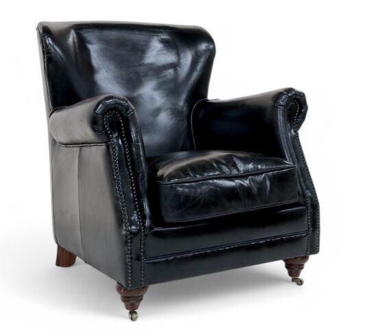 Vintage Black Leather High-Back Armchair | Distressed Wingback Chair for Sale