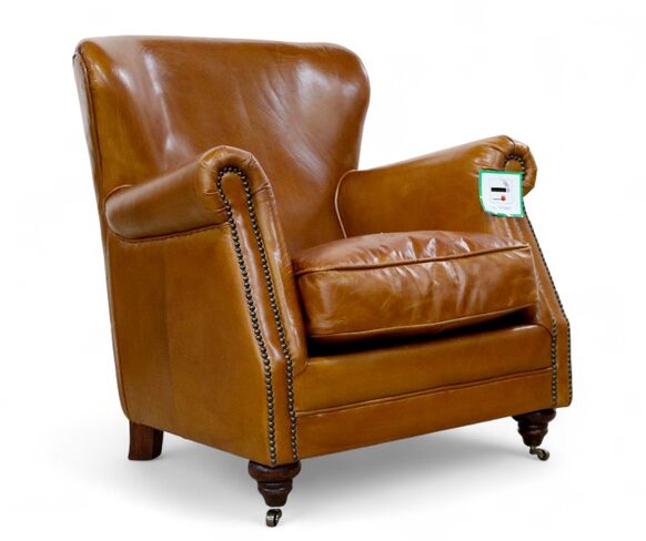 Vintage High-Back Distressed Leather Armchair – Tan – Nailhead Trim