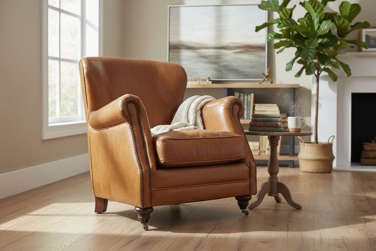 Vintage High-Back Distressed Leather Armchair – Tan – Nailhead Trim