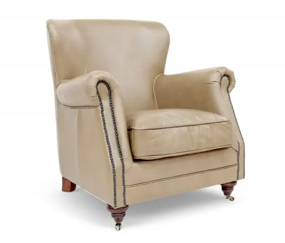 Porter High Back Mushroom Leather Armchair Nailhead Trim