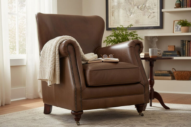 Vintage High Back Nappa Taupe Brown Leather Armchair