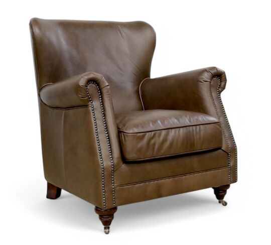 Vintage High Back Nappa Taupe Brown Leather Armchair