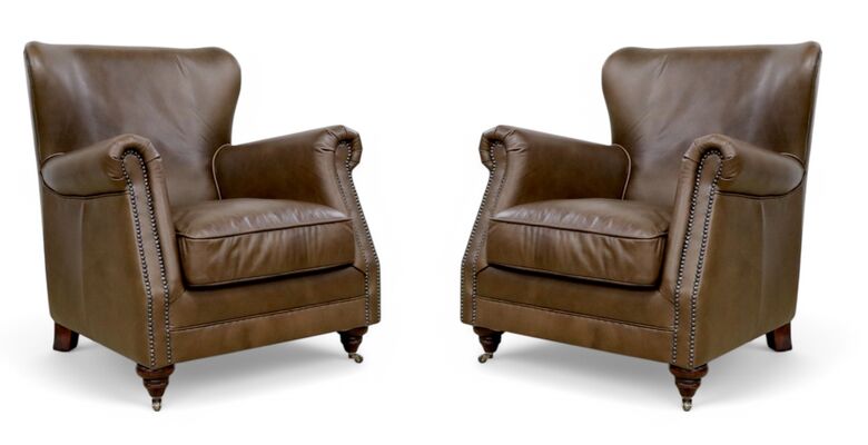 2 x Vintage High Back Nappa Taupe Leather Armchairs