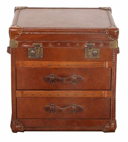 Vintage Tan Antique Leather 2 Drawer Storage Trunk