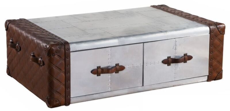 Product photograph of Vintage Metal Aviator Aluminium Leather 2 Drawer Coffee Table from Designer Sofas 4U