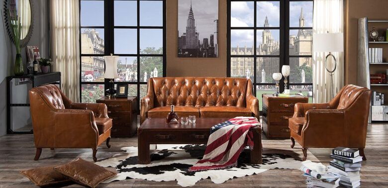 Vintage Distressed Leather Button & Stud Sofa Suite