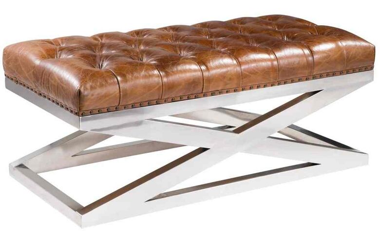 Vintage Long Buttoned Leather Footstool Criss Cross