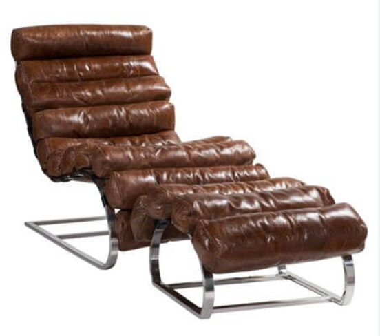 Vintage Distressed Leather Chaise Lounge With Footstool