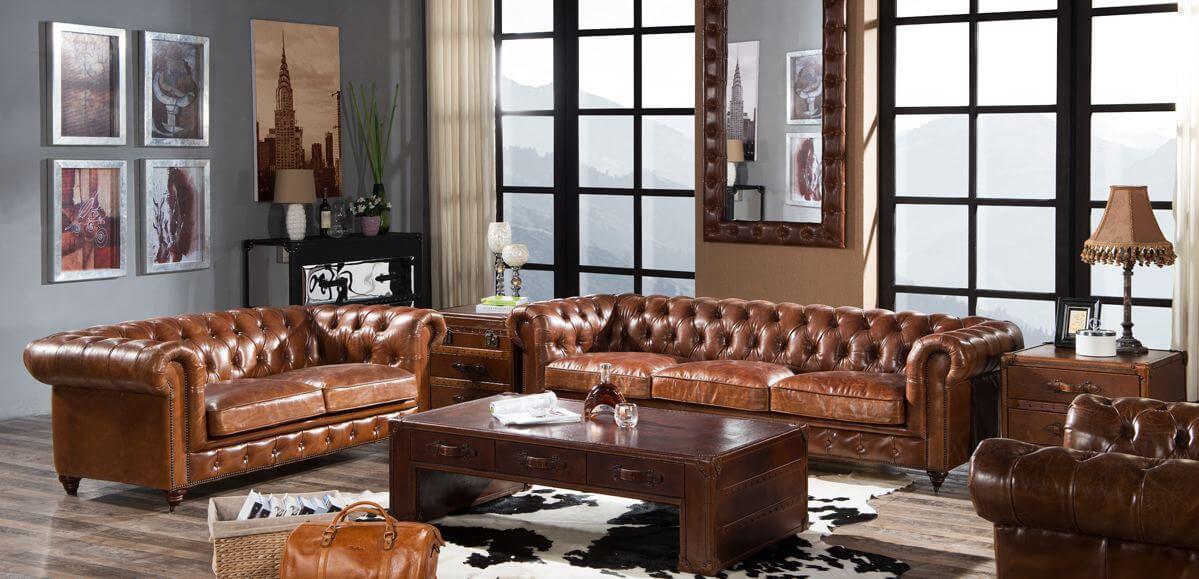 Vintage Luxury Distressed Leather Chesterfield Sofa Suite