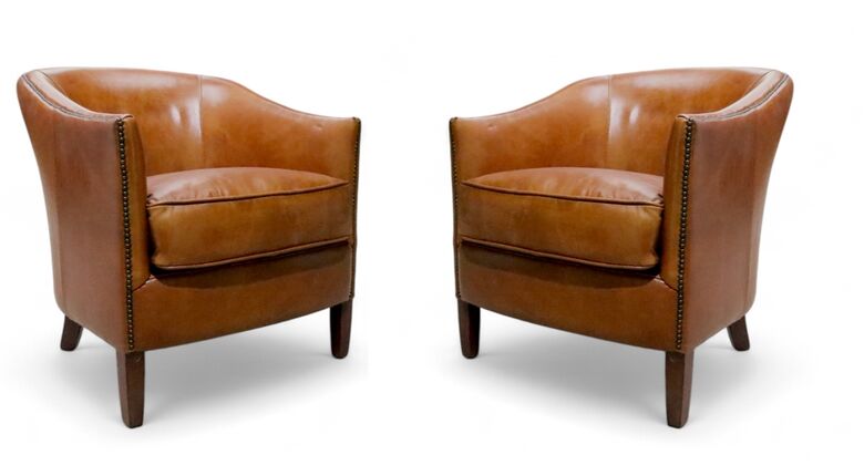 2 x Vintage Leather Distressed Tan Tub Chairs