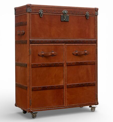 Vintage Leather Drinks Cabinet on Wheels – Steamer Trunk Style Bar Cabinet