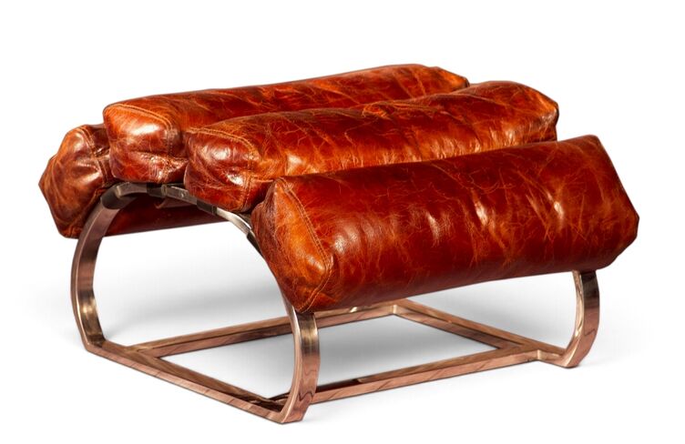 Vintage Leather Footstool Metal Frame