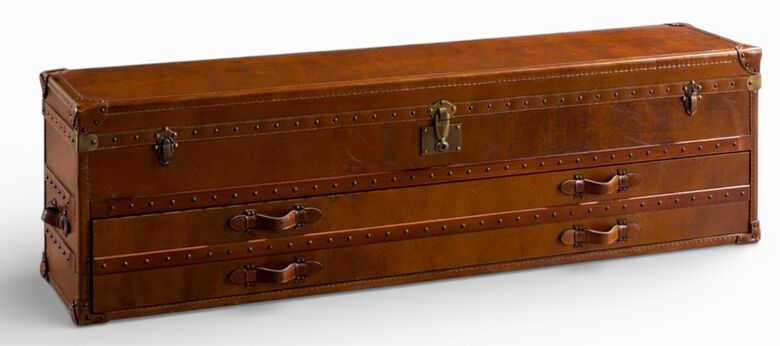 Vintage Leather Steamer Trunk — Extra Long Storage Chest with Drawers