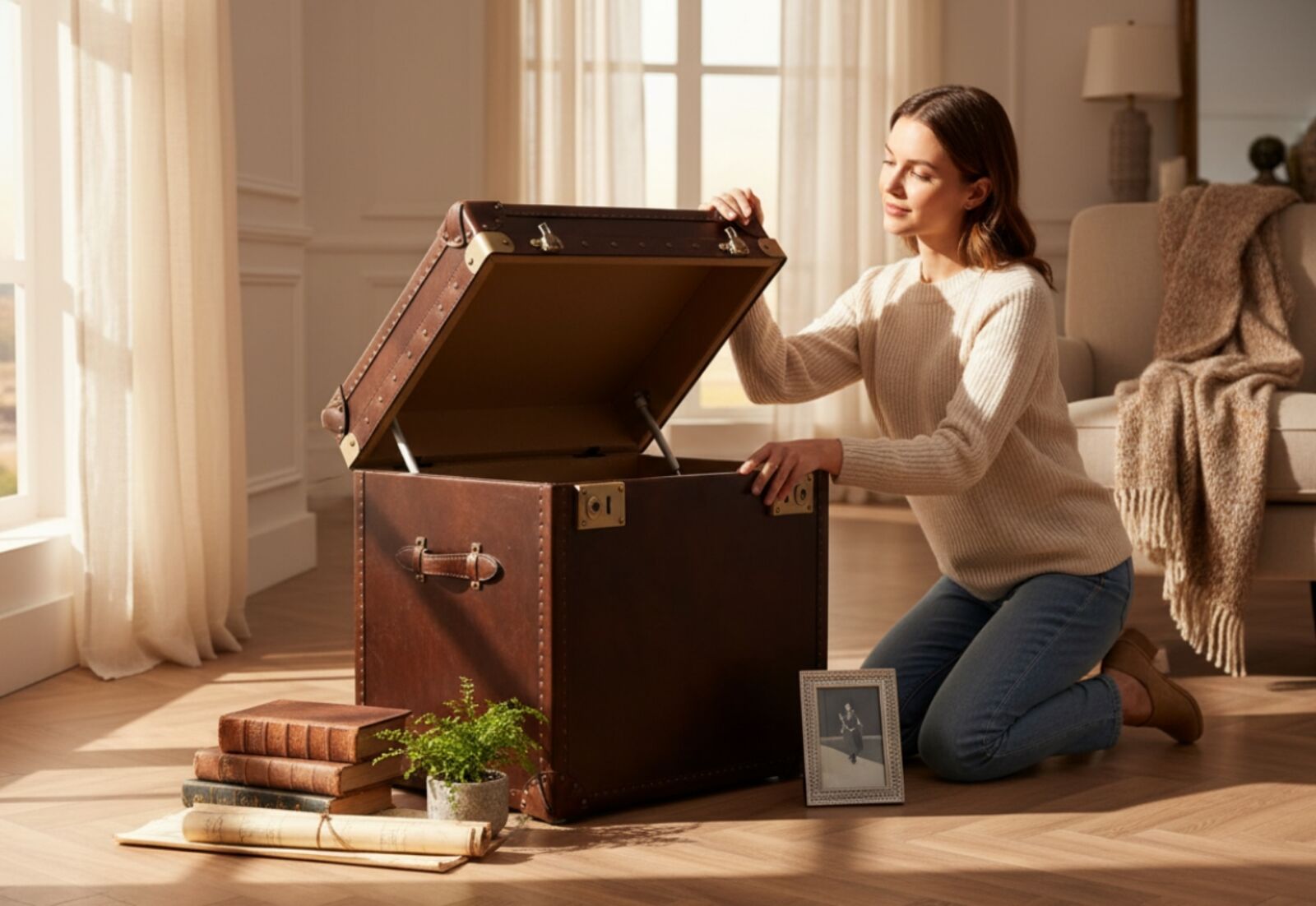 Vintage Leather Storage Trunk / Chest Brown