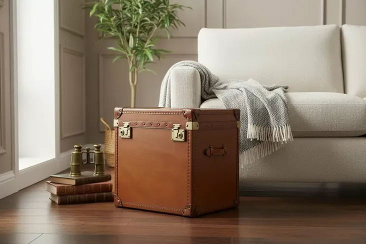 Vintage Leather Storage Trunk / Chest Tan