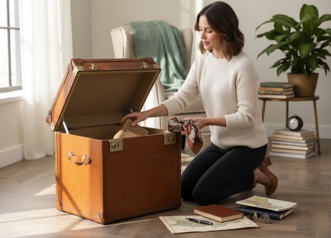 Vintage Leather Storage Trunk / Chest Tan