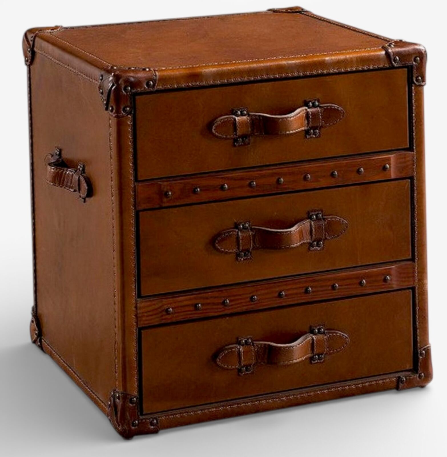 Vintage Leather Trunk Drawer Chest 3 Drawer Storage Cabinet, Steamer Trunk, Rustic Accent Table