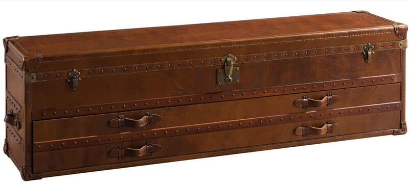 Product photograph of Long Vintage Antique Leather Storage Trunk from Designer Sofas 4U