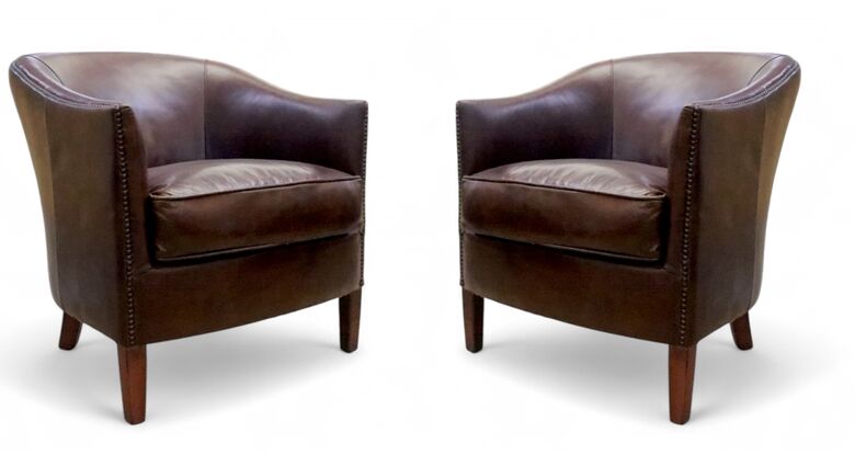 2 x Vintage Leather Tub Chairs Brown
