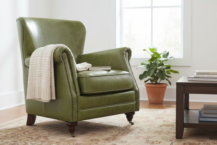 Vintage Olive Green Leather Armchair – High Back Nappa Chair with Nailhead Trim