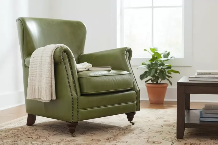 Porter High Back Olive Green Leather Armchair With Nailhead Trim