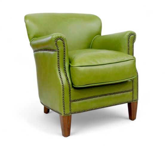 Vintage Olive Green Leather Club Chair With Nailhead Trim