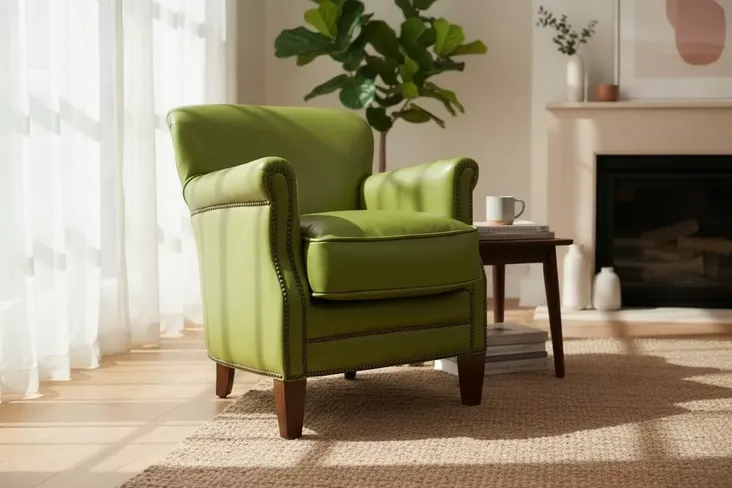 Vintage Olive Green Leather Club Chair With Nailhead Trim
