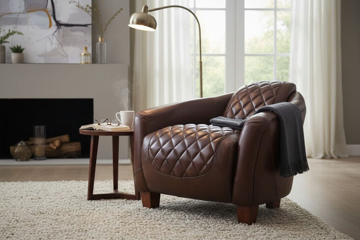 Vintage Quilted Brown Leather Tub Chair – Distressed Armchair for Living Room or Office