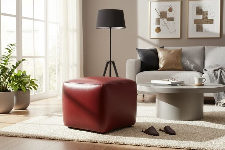 Vintage Red Distressed Leather Footstool Pouffe