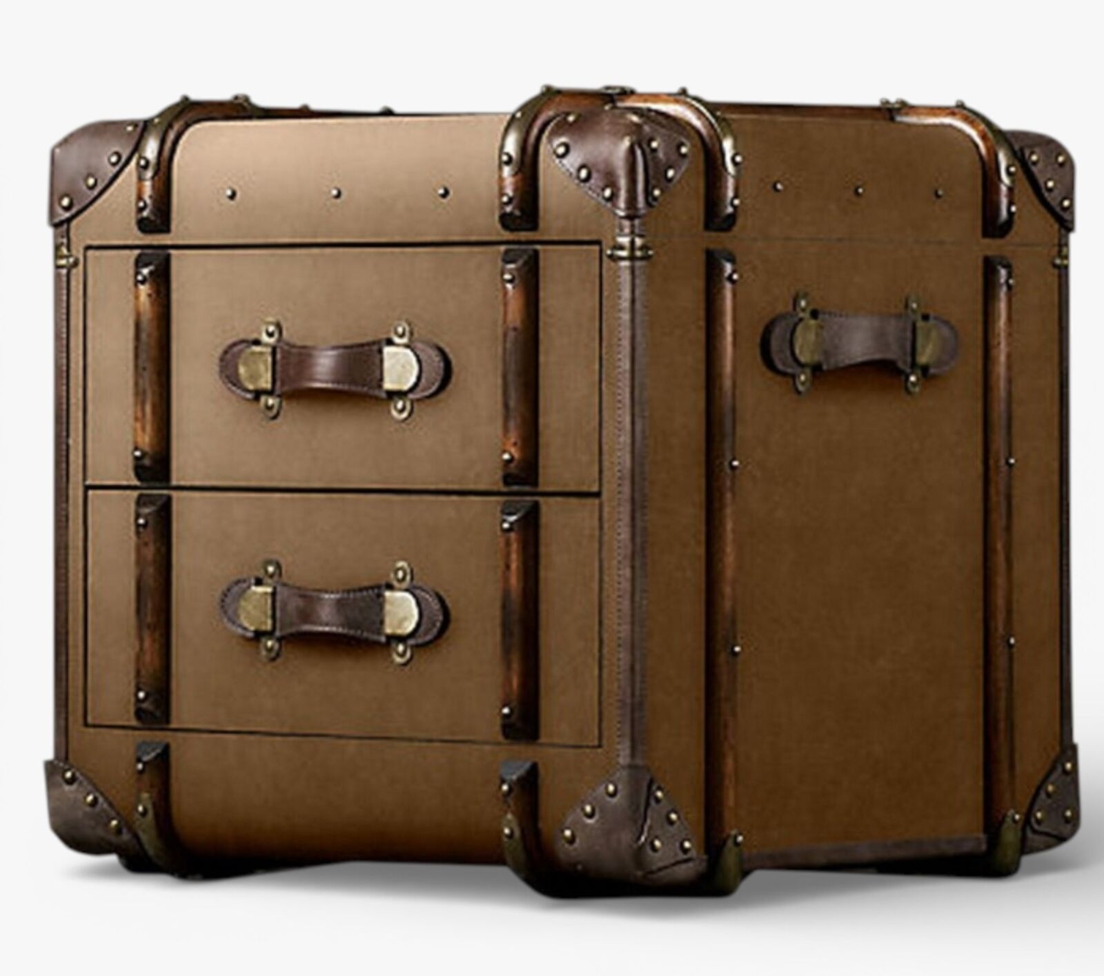 Vintage Side Table Steamer Trunk with Leather Straps & Metal Hardware Antique Travel Chest