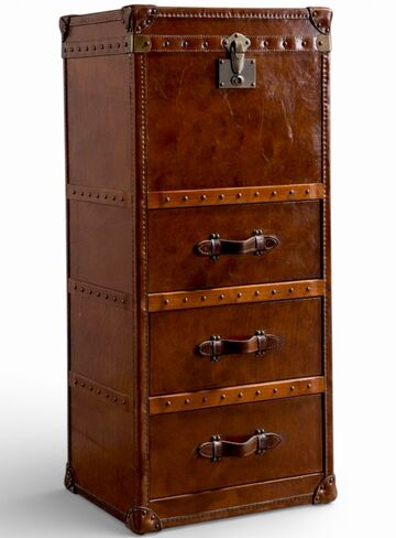 Vintage Steamer Trunk Style Leather Chest of Drawers – Rustic Travel-Inspired Storage Cabinet