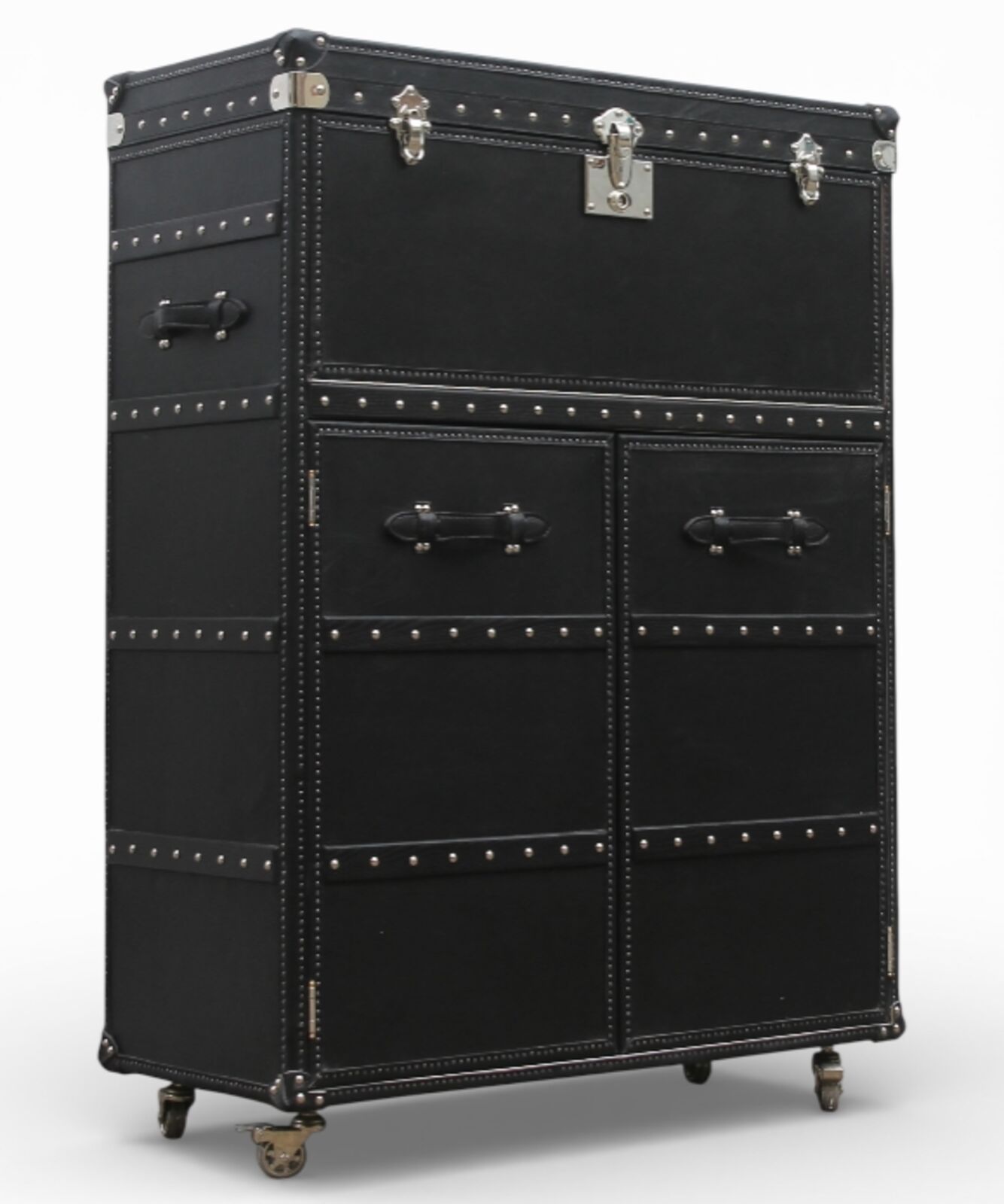 Vintage Style Black Leather Drinks Cabinet / Trunk Bar on Castors