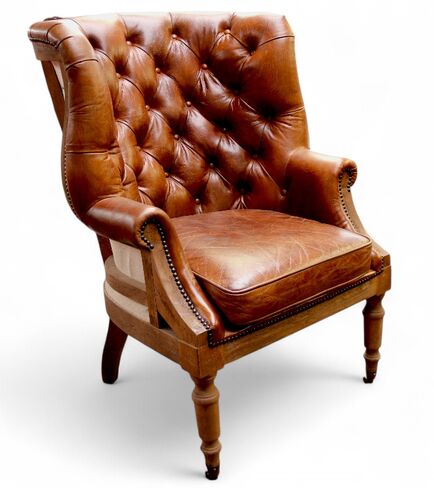 Vintage-Style Deconstructed Leather Wingback Chair – Distressed Wood Frame, Tufted Brown Leather