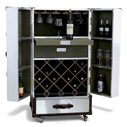 Vintage Style Rolling Bar Cabinet Wine & Spirits Storage Trunk