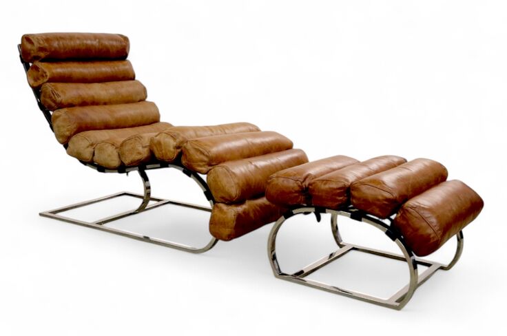 Vintage Tan Distressed Leather Chaise Lounge With Footstool