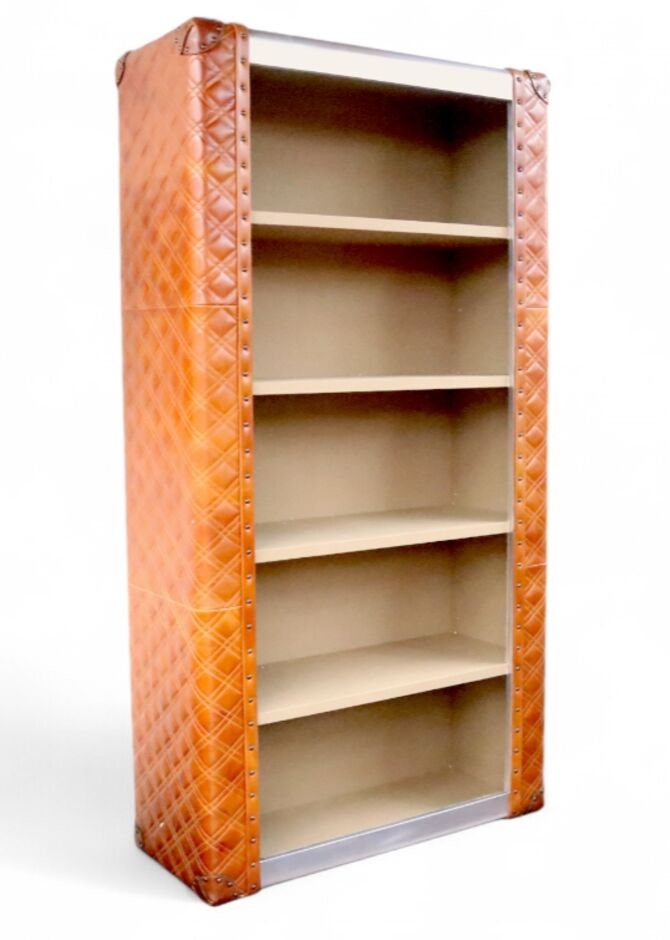 Vintage Quilted Tan Leather & Metal Bookcase Storage Cabinet